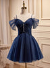 Navy Blue Straps Tulle Pleats Homecoming Dress