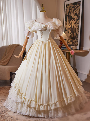 Vintage Champagne Satin Lace Short Sleeve Wedding Dress