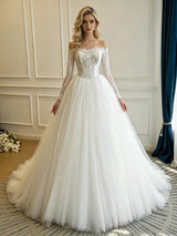 White Tulle Lace Long Sleeve Wedding Dress