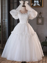 White Tulle Puff Sleeve Pleats Pearls Wedding Dress