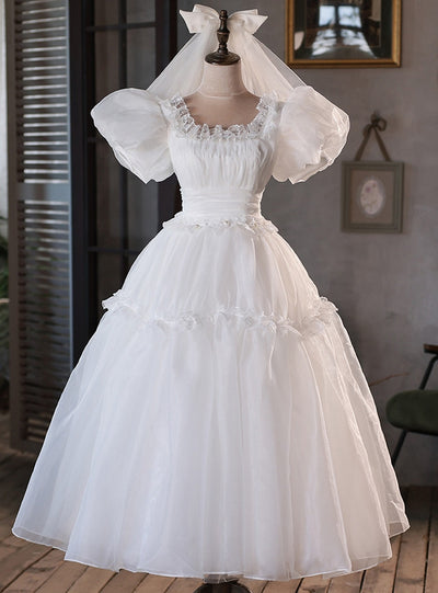 White Tulle Puff Sleeve Pleats Pearls Wedding Dress