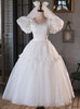White Tulle Puff Sleeve Pleats Pearls Wedding Dress
