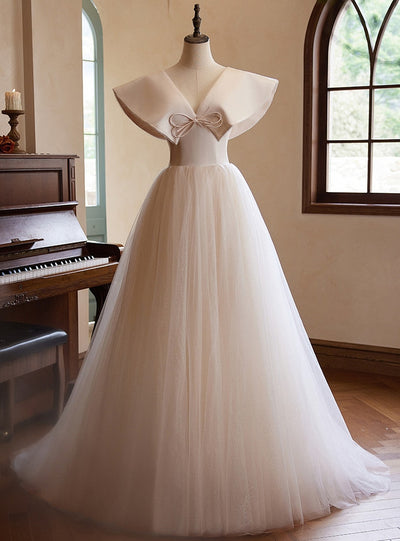 A-Line Champagne Tulle V-neck Wedding Dress