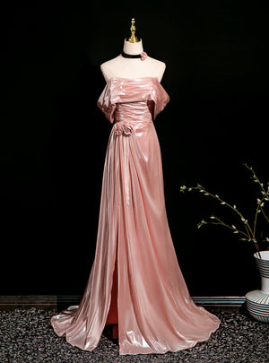 Pink Off the Shoulder Pleats Beading Prom Dress