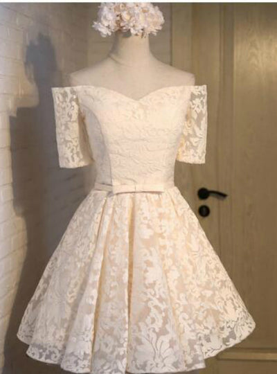 Yellow Lace Short Sleeve Homecoming Dress