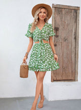 Printed Strap Short Sleeve Beach Resort Dress