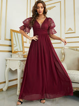 Burgundy Chiffon Short Sleeve Party Dress