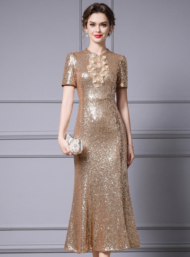 Sequins Short Sleeve Beading Mother Of The Bride Dress