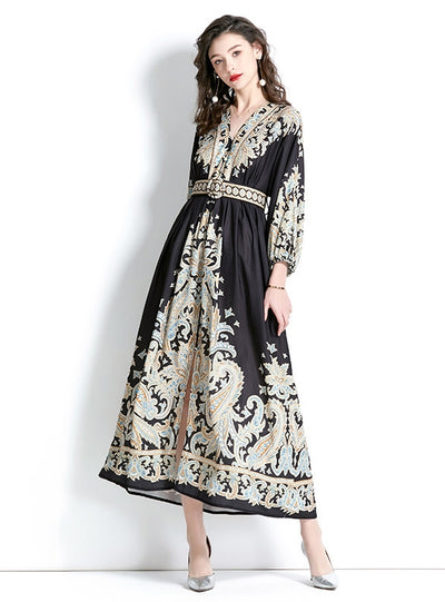 Long Sleeve V-neck Printed Long Dress