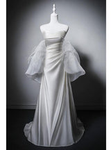 White Satin Pleats Strapless Wedding Dress