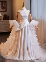 White Satin Lace High Neck Sleeveless Wedding Dress