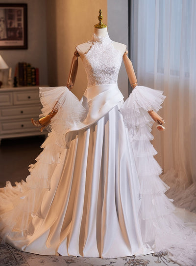 White Satin Lace High Neck Sleeveless Wedding Dress