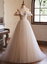 Champagne Tulle Pleats Wedding Dress