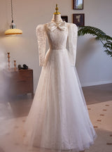White Lace Tulle Long Sleeve High Neck Wedding Dress