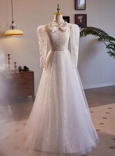 White Lace Tulle Long Sleeve High Neck Wedding Dress