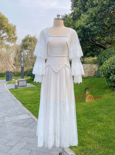 White Lace Long Sleeve Beading Prom Dress