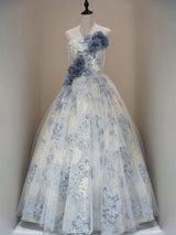 Blue Tulle Flower Strapless 3D Flower Prom Dress