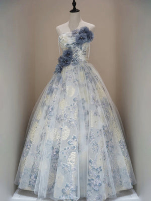 Blue Tulle Flower Strapless 3D Flower Prom Dress