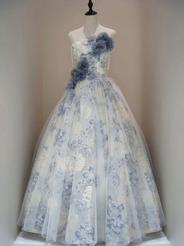 Blue Tulle Flower Strapless 3D Flower Prom Dress