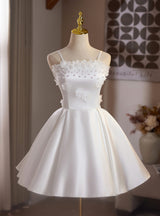 White Satin Straps Flower Pearls Wedding Dress