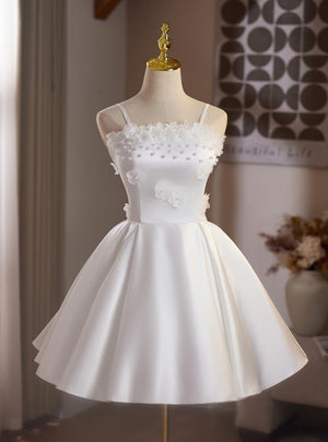 White Satin Straps Flower Pearls Wedding Dress