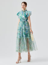 Lotus Leaf Elastic Gauze Printed Big Swing Dress
