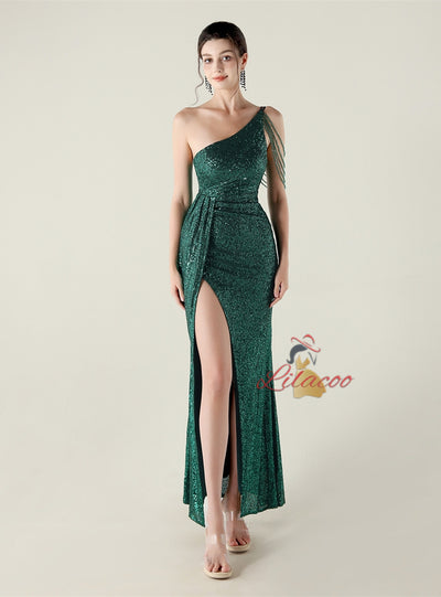 One Shoulder Mermaid Split Sequins Prom Dress