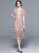 Mesh Beaded V-neck Printed Short-sleeved Dress