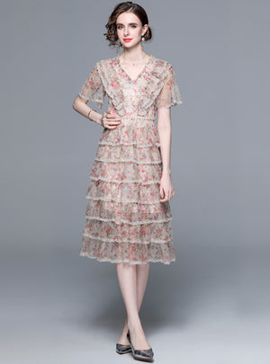 Mesh Beaded V-neck Printed Short-sleeved Dress