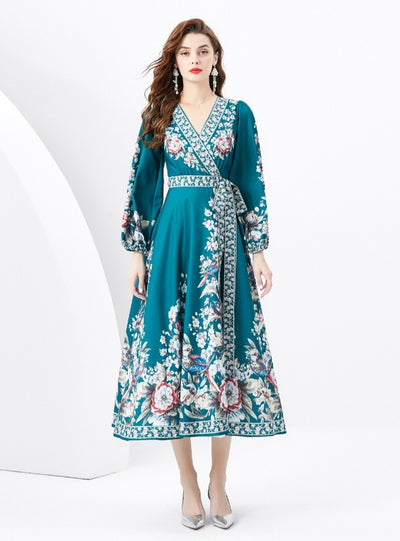 Retro Long-sleeved V-neck Printed Dress