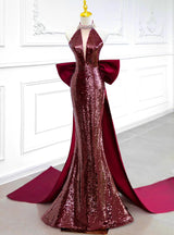 Burgundy Mermaid Sequins Halter Beading Prom Dress