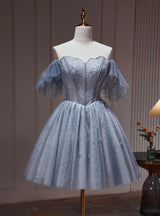 A-line Blue Gray Tulle Beading Homecoming Dress