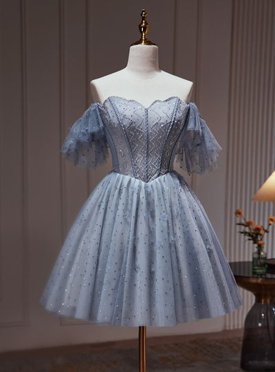 A-line Blue Gray Tulle Beading Homecoming Dress