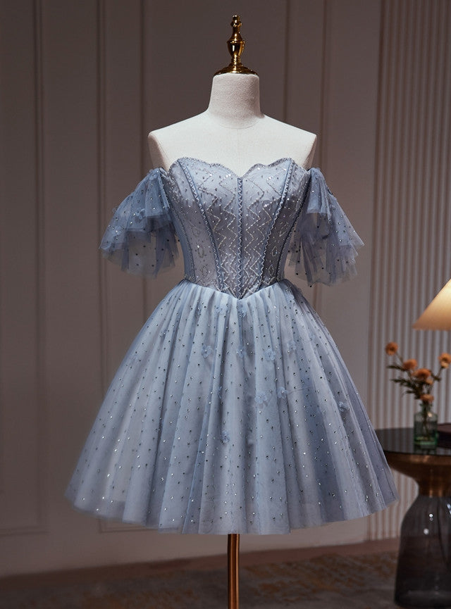 A-line Blue Gray Tulle Beading Homecoming Dress
