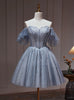 A-line Blue Gray Tulle Beading Homecoming Dress