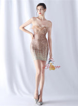 Burgundy Sheath Sequins Strapless Short Prom Dress