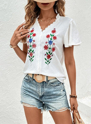White Short-sleeved Embroidered T-Shirt