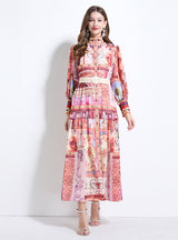 Palace Lantern Sleeve Buttoned Chiffon Printed Dress