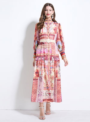 Palace Lantern Sleeve Buttoned Chiffon Printed Dress