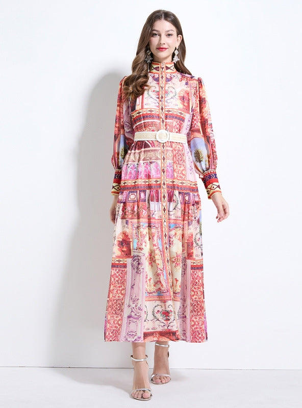 Palace Lantern Sleeve Buttoned Chiffon Printed Dress