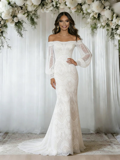 White Lace Long Sleeve Wedding Dress