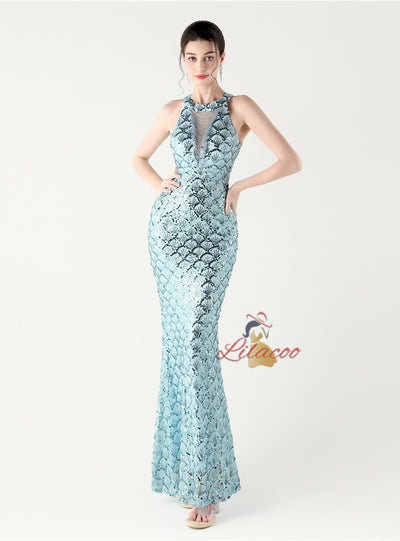 Mermaid Sequins Halter Beading Prom Dress