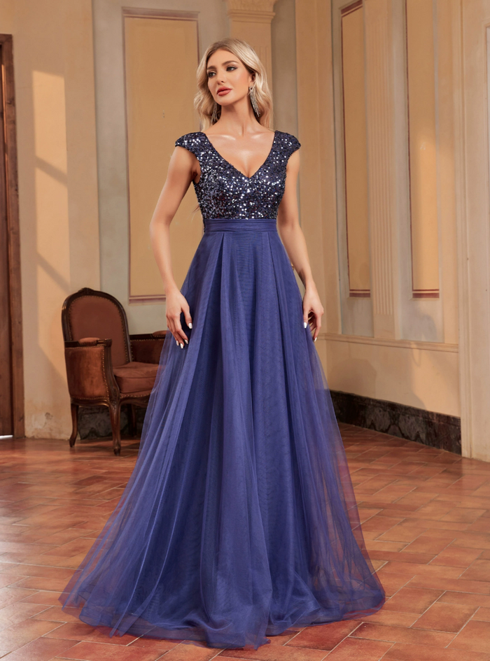 V-neck Sequin Tulle Prom Dress