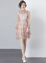 Printed Slim Short Bubble Sleeve Mesh Dress