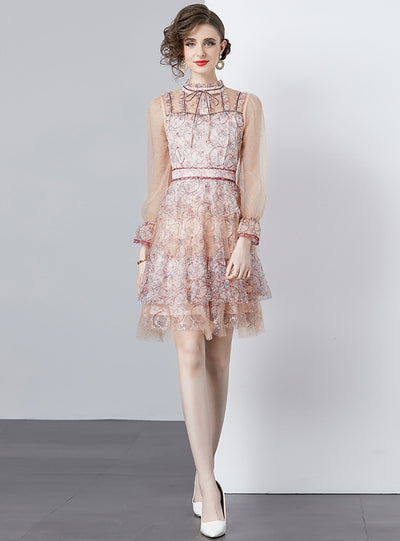 Printed Slim Short Bubble Sleeve Mesh Dress