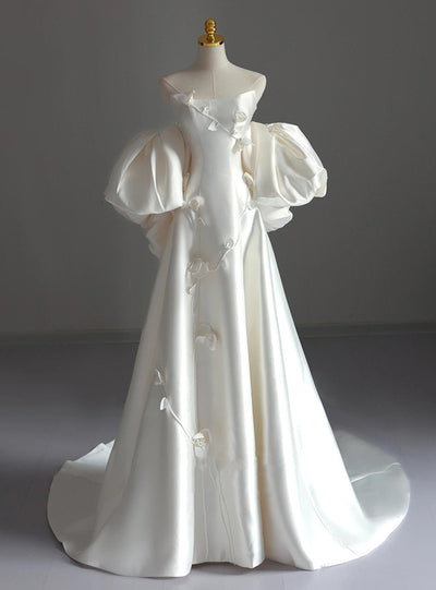Ivory Strapless Satin 3D Flower Wedding Dress