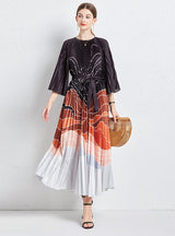 Pleated Loose Printed Pleated Long Seeve Dress
