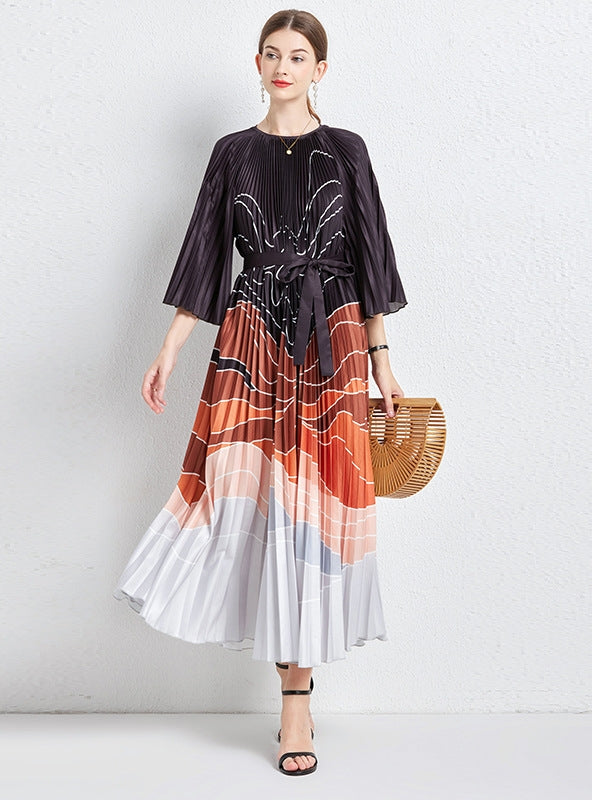 Pleated Loose Printed Pleated Long Seeve Dress