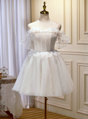 White Tulle Lace Beading Homecoming Dress