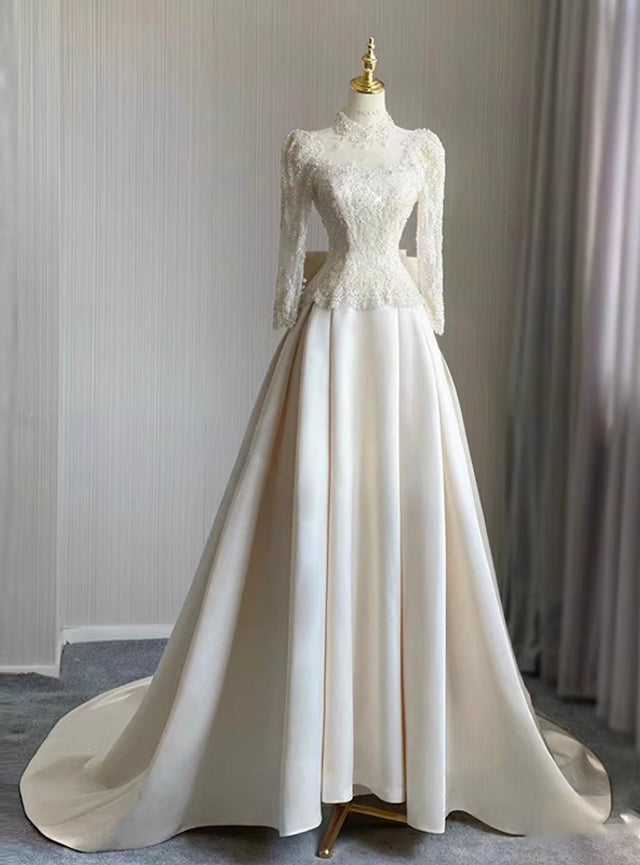 Ivory Satin Lace Long Sleeve Backless Wedding Dress